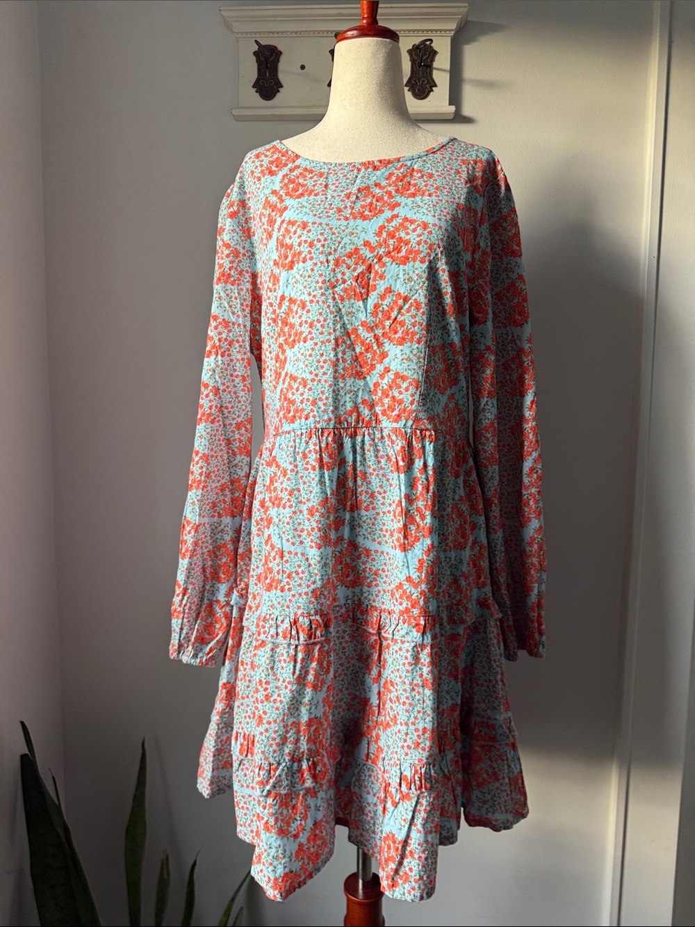 Floral Tiered Long Sleeve Dress - Light Blue & Coral Dening Nori Cotton